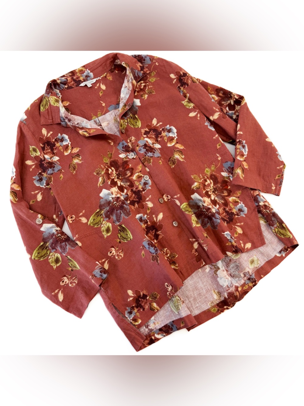 John Mark Shirt Womens Large Rust Floral 100% Linen Button Down Boho